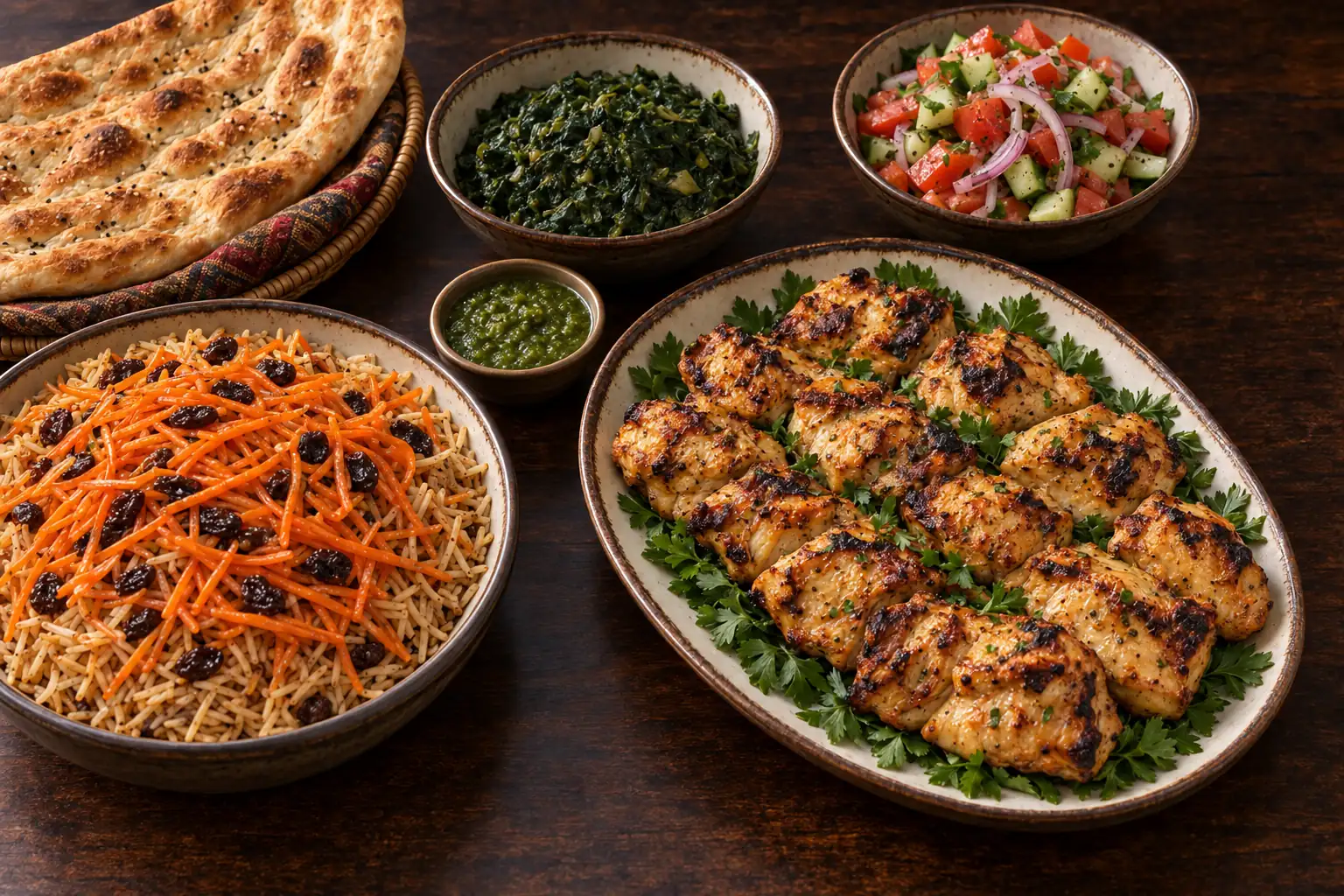 An illustrative lunch spread with chicken kabob, Kabli rice, Afghan salad, Sabzy, bread and chutney