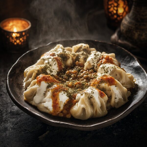 Illustrative Mantu dumplings topped with lentils, yogurt sauce and dried herbs