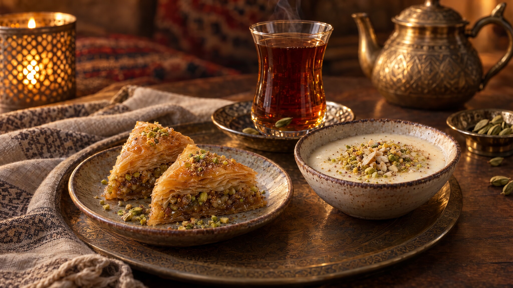 Illustrative dessert presentation of Baklava, Firni and cardamom tea