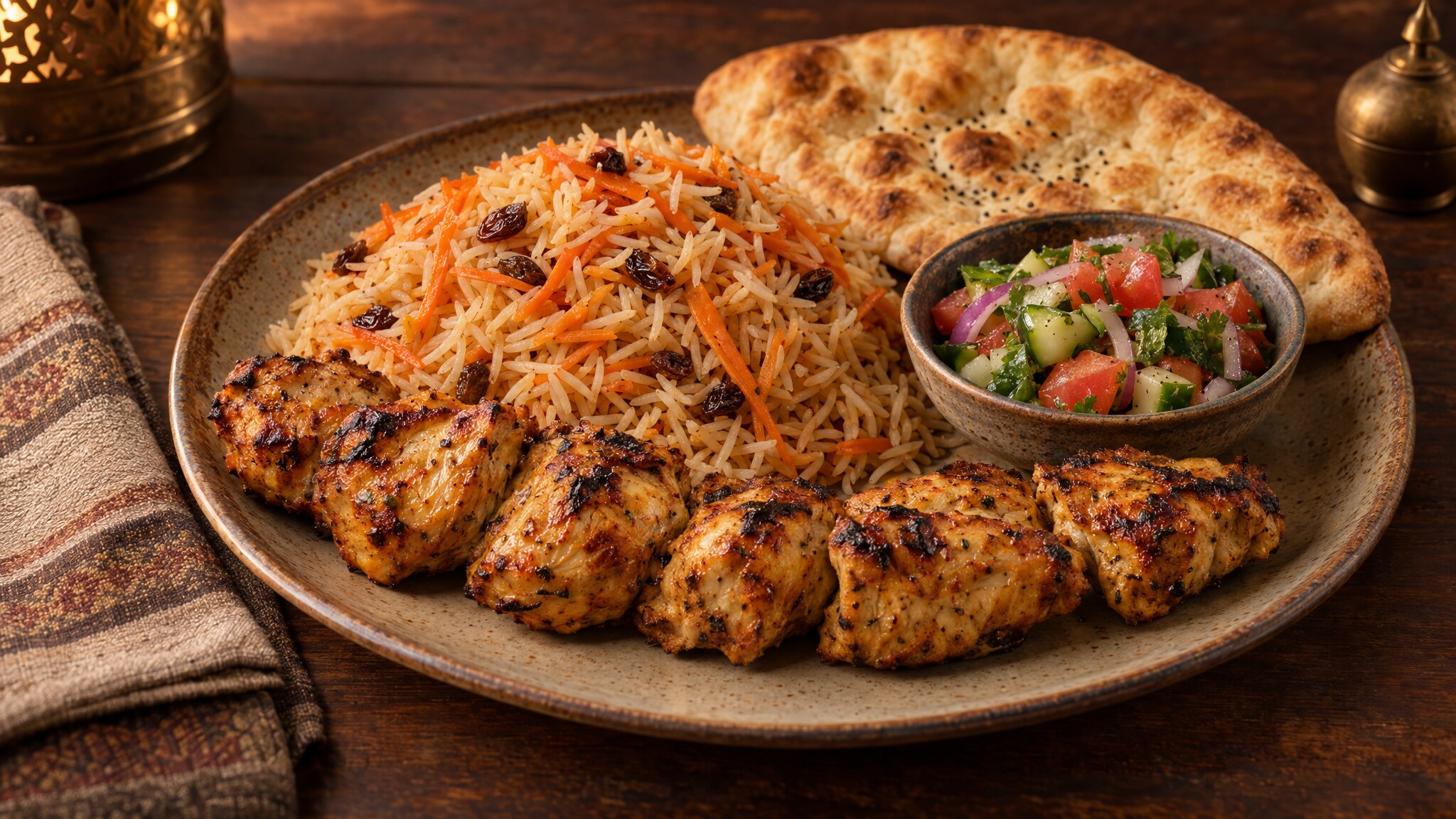 Illustrative lunch presentation of chicken kabob, Kabli Palaw with carrots and raisins, Afghan salad and fresh Afghan bread